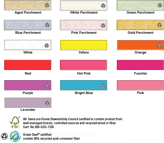 paper color options Aged Parchment, white Parchment, Blue Parchment, Pink Parchment, Green Parchment, Gold Parchment, Bright White, Yellow, Orange, Red, Hot Pink, Fuschia, Purple, Bright Blue, Light Pink, Lavender